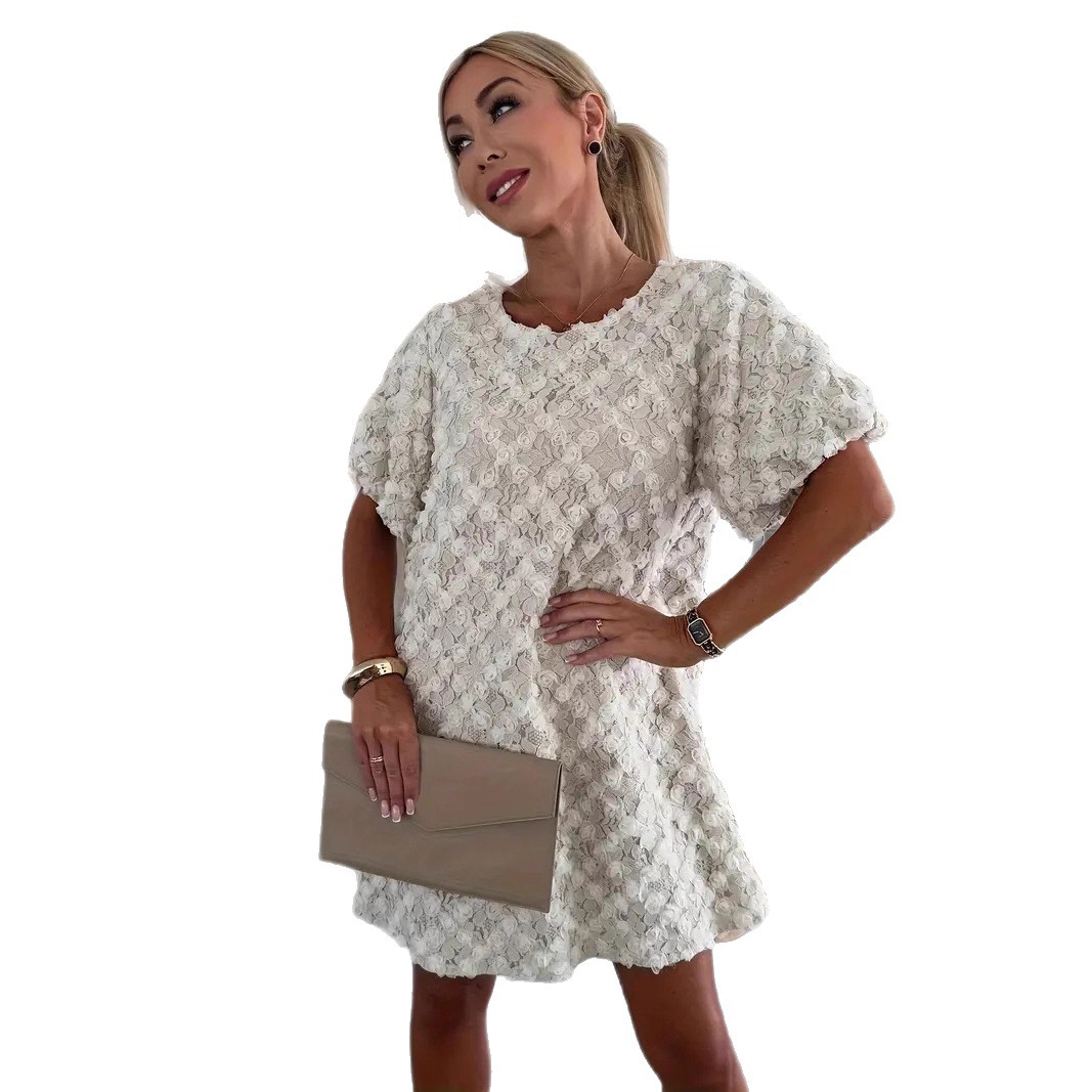 Elegant 3D Floral Bubble Sleeve V-Neck A-Line Midi Dress
