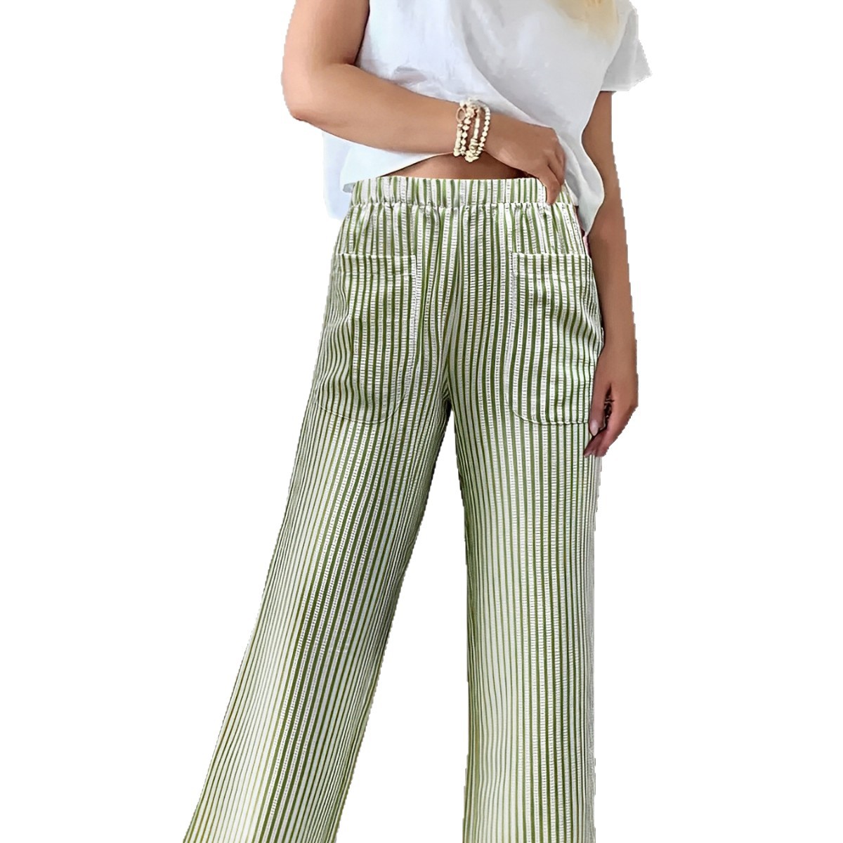Women's Striped Wide-Leg Pants with Pockets Casual Loose Fit