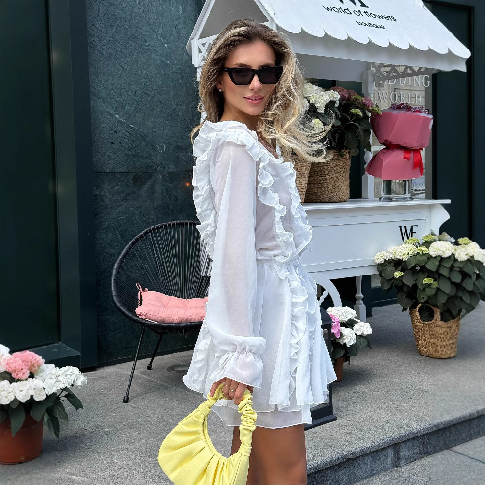 Elegant V-Neck Lace-Up Flare-Sleeve A-Line Dress