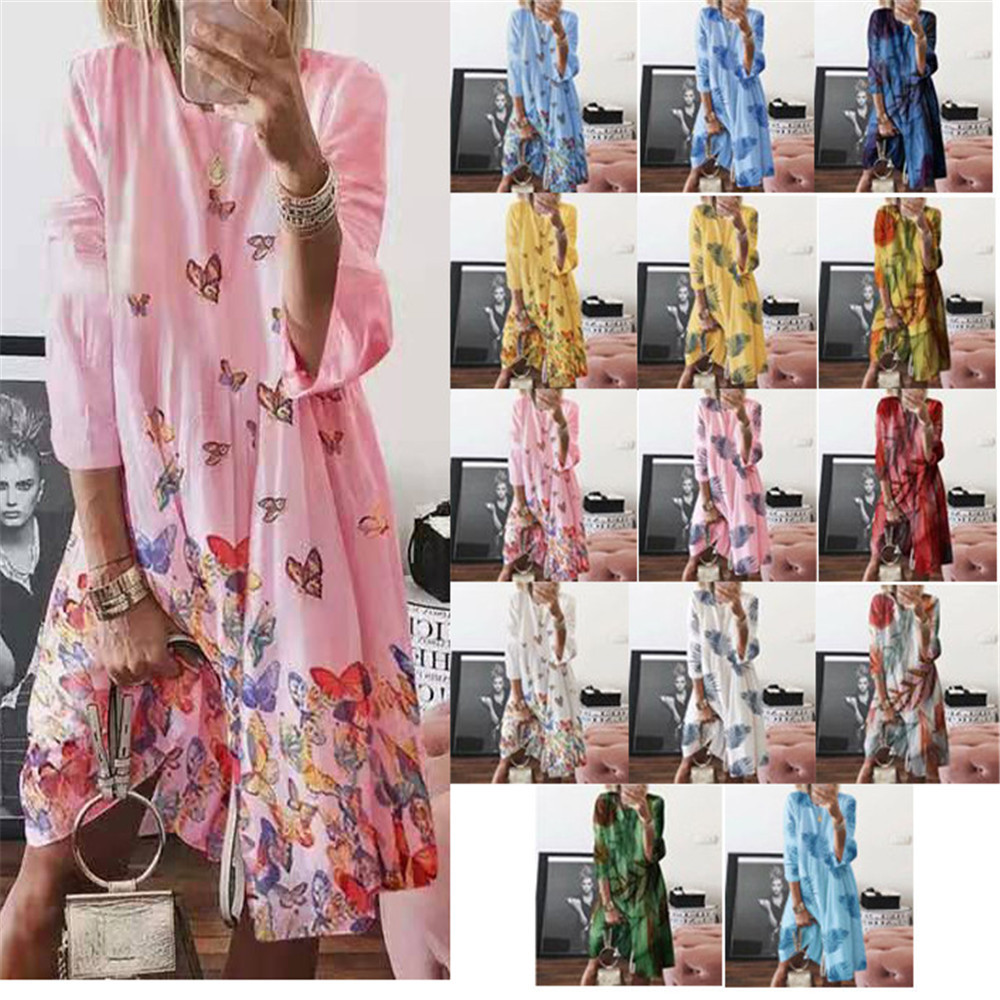 Plus Size Digital Print Round Neck Long Sleeve Dress