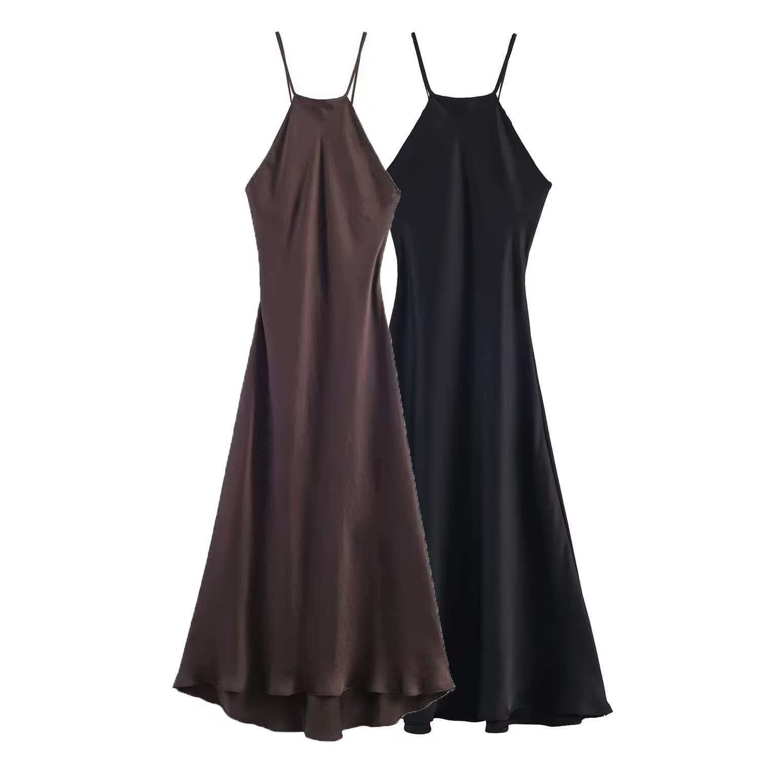 Women's Satin-Feel Halter Neck Bodycon Midi Dress