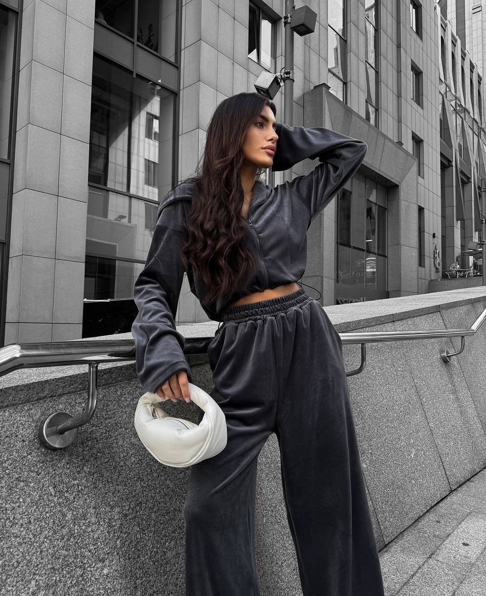 Velvet Hooded Two-Piece Set Women's Cropped Cardigan & High-Waist Wide-Leg Pants
