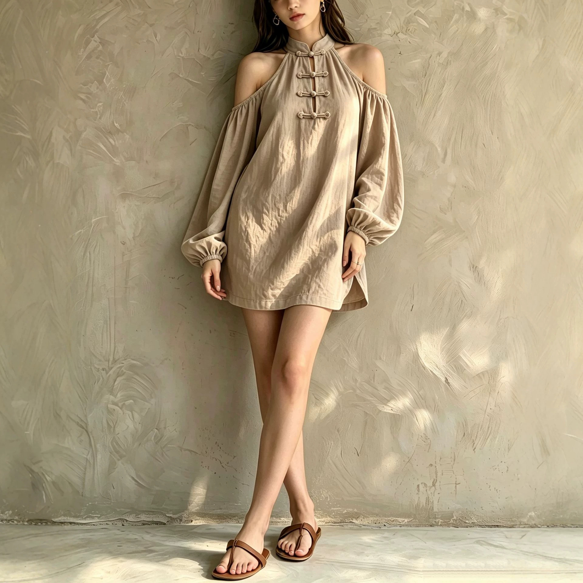 Women's Off-Shoulder Long Sleeve Solid Color Loose Cotton Linen Dress