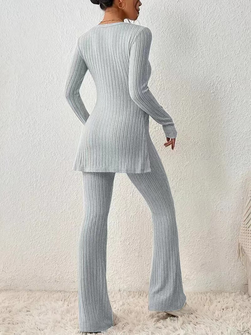 Women's Solid Color Slim Fit Ribbed Knit Lounge Set Long Sleeve Sweater and Pants