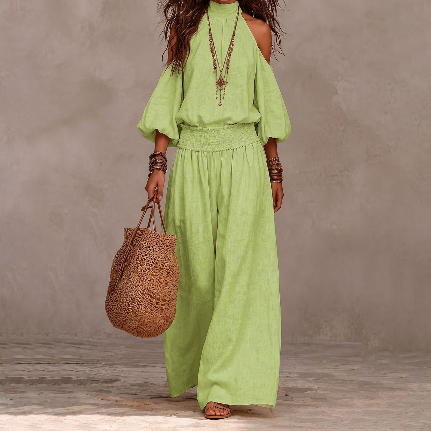 Women's Casual Crewneck Loose Top & Wide-Leg Pants Set