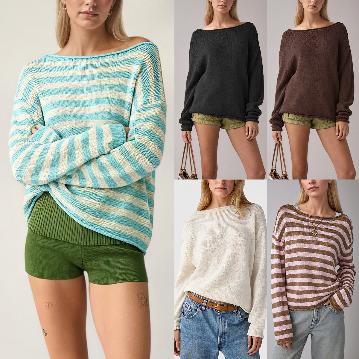 Striped Color-Block Crewneck Pullover Sweater Loose Fit Knit Top