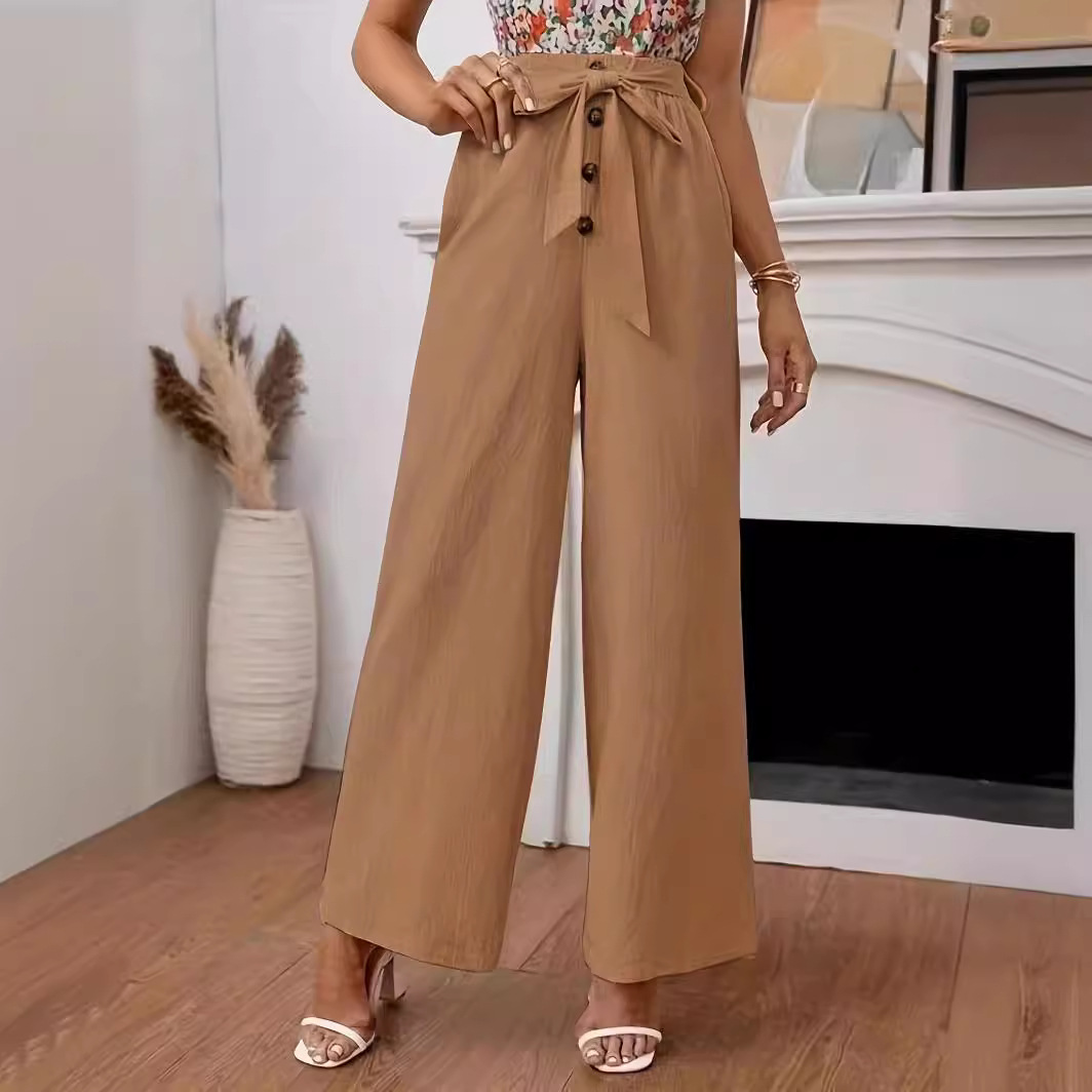 Women's Solid Cotton-Linen Wide-Leg Pants with Elastic Waist