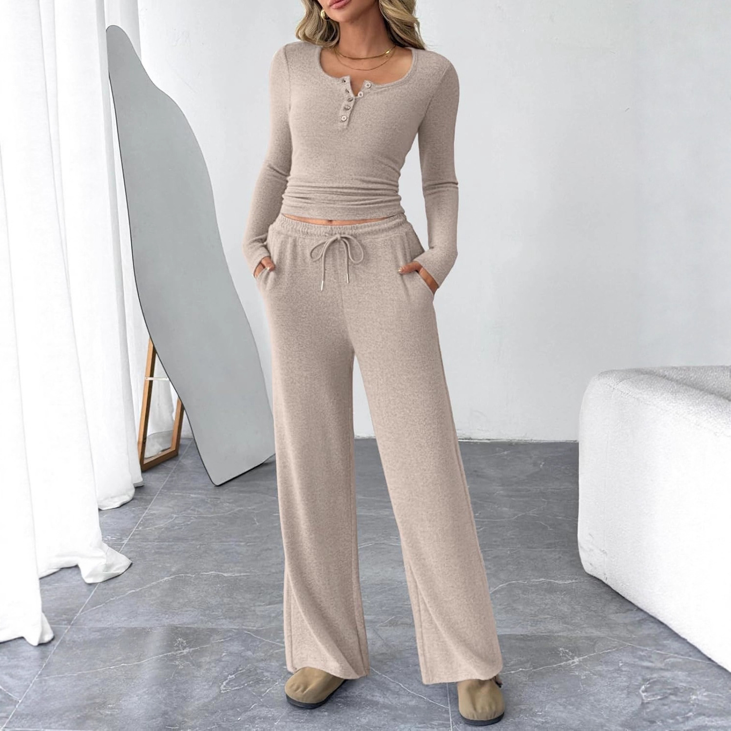 Women's Two-Piece Long Sleeve Top and Wide-Leg Pants Set