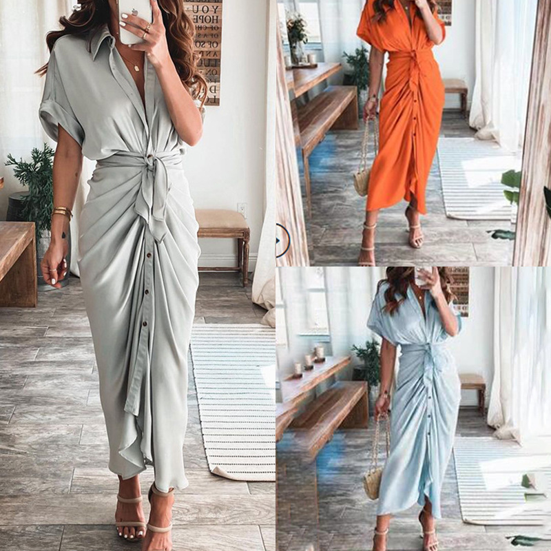 Elegant Short Sleeve Solid Knot High Waist A-Line Long Dress