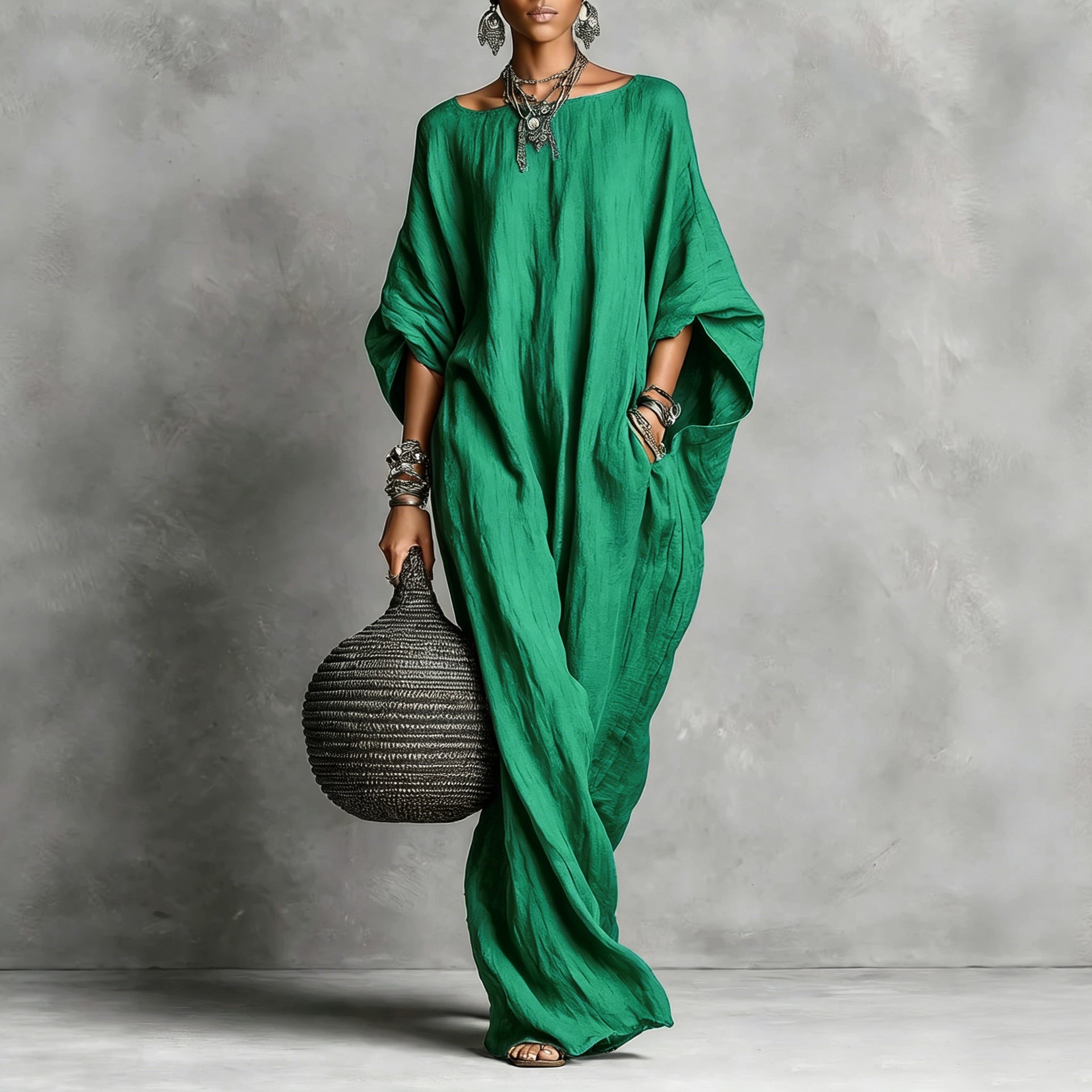 Casual Faux Linen Batwing Sleeve Loose Midi Dress