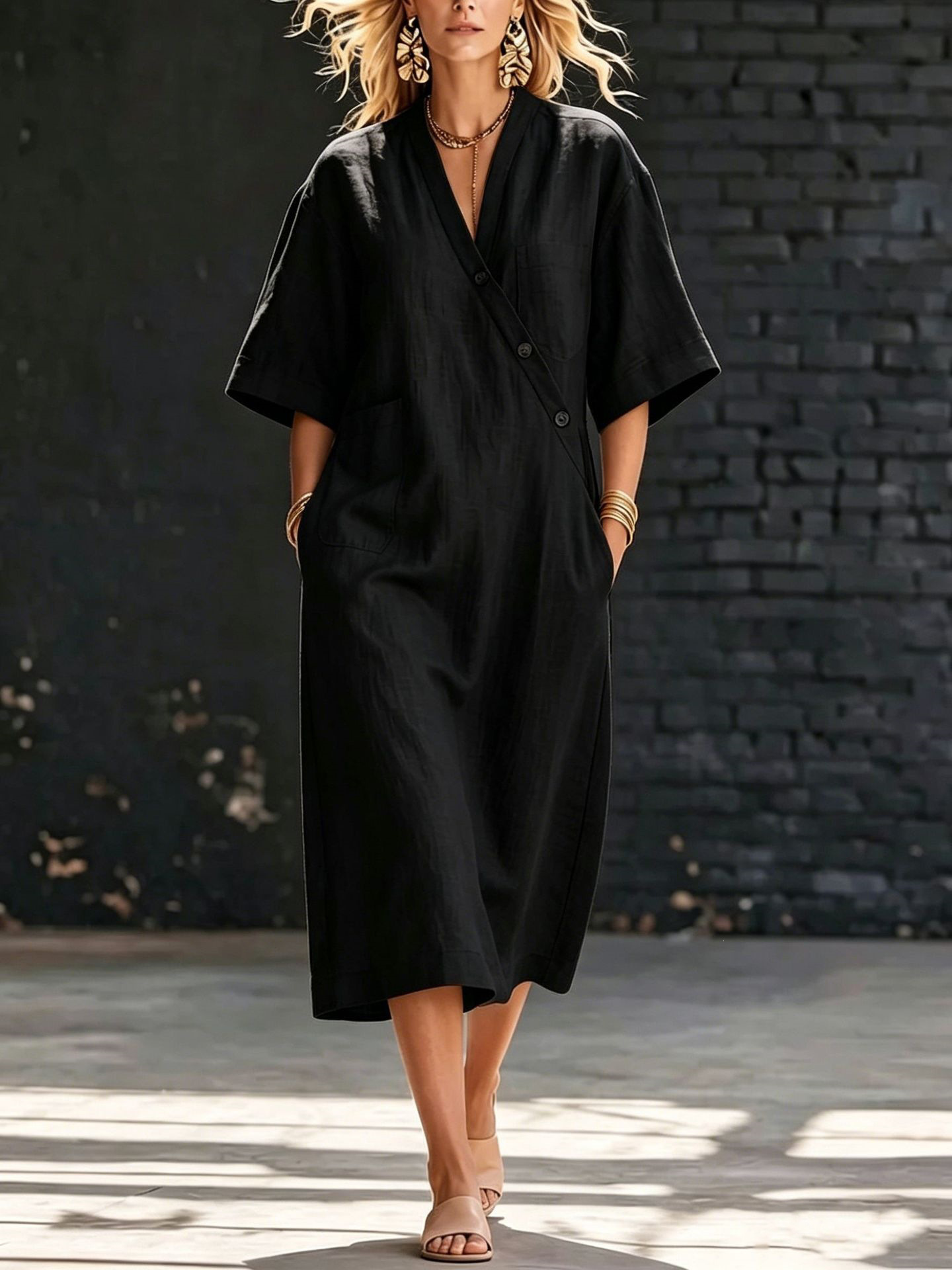 V-Neck Button-Front Cotton-Linen Midi Dress with Pockets Short Sleeve