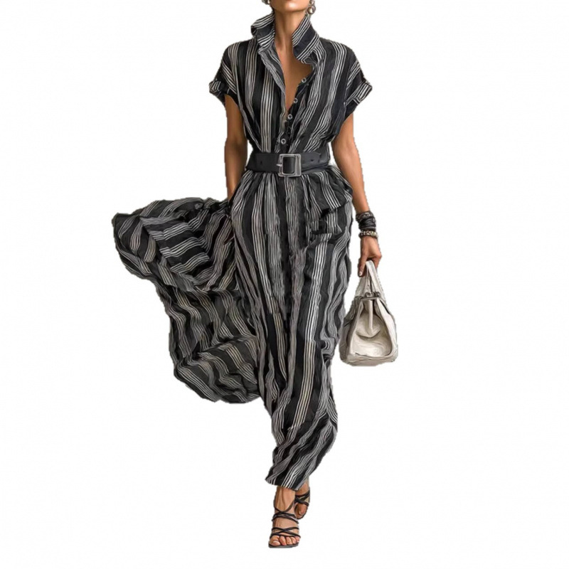 Elegant Short Sleeve Button Shirt Collar Striped Dress