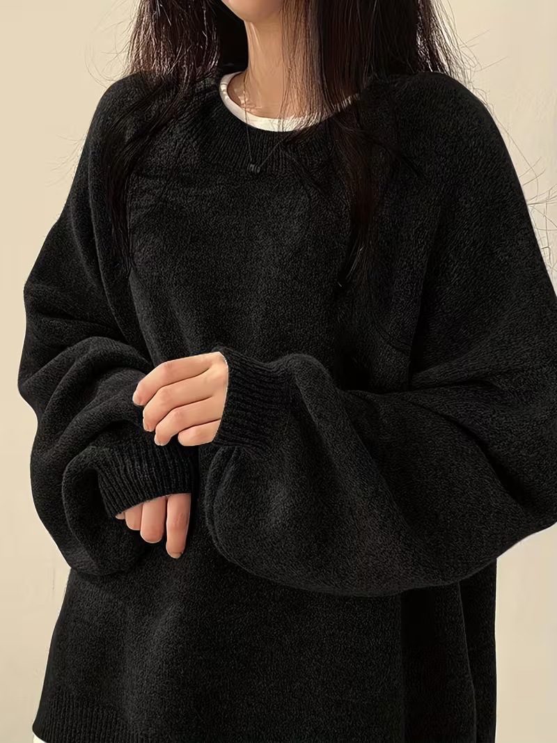 Women's Solid Crewneck Pullover Sweater Casual Long Sleeve Drop Shoulder Slit Knit Top