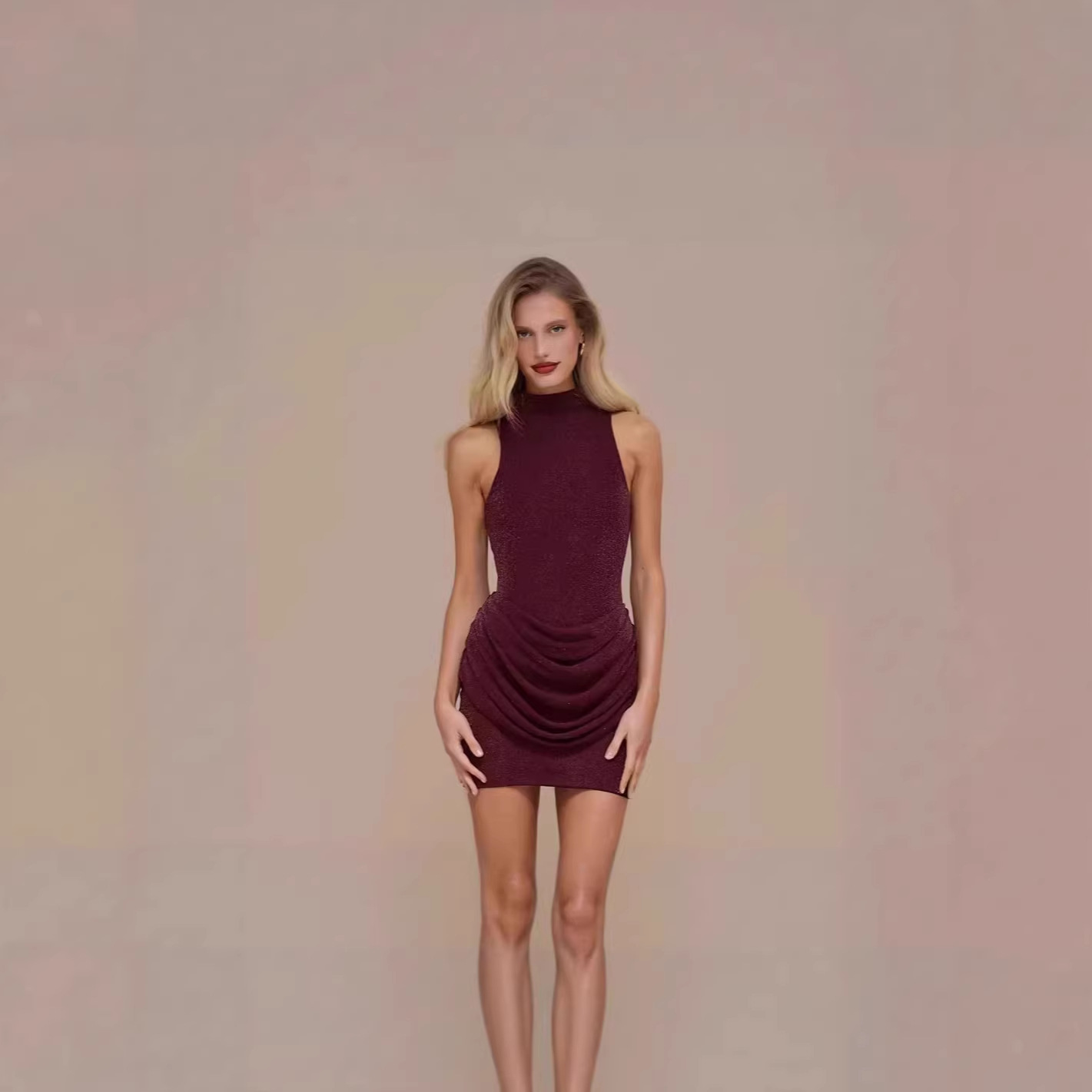 Women's Sleeveless Mock Neck Glitter Bodycon Mini Dress