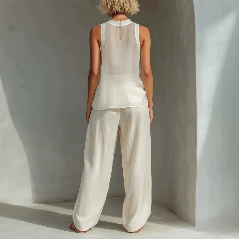 Semi-Sheer Sleeveless Drawstring Top & Wide-Leg Pants Set