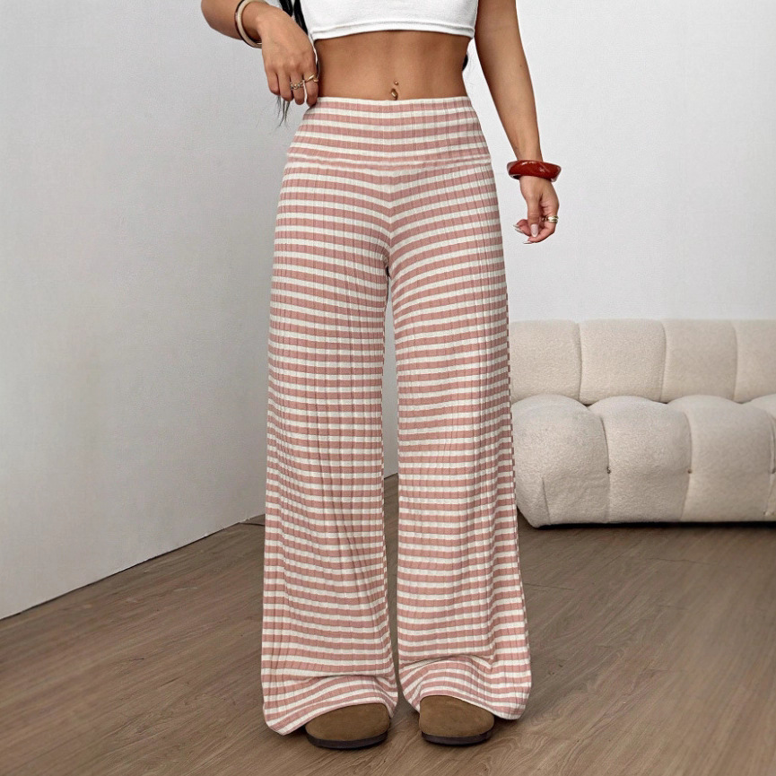 Women's Striped Solid Knit Straight-Leg Pants Casual Loose Fit