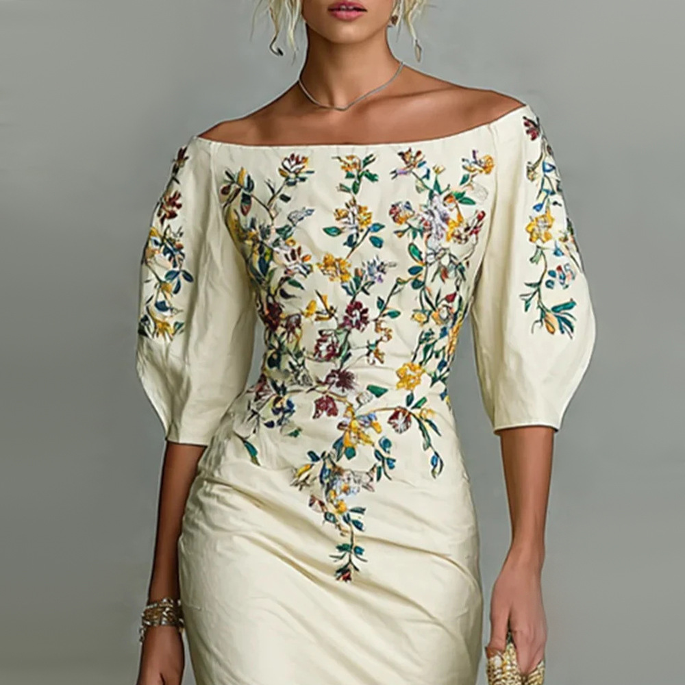 Women's Off-Shoulder Half-Sleeve Bodycon Midi Dress