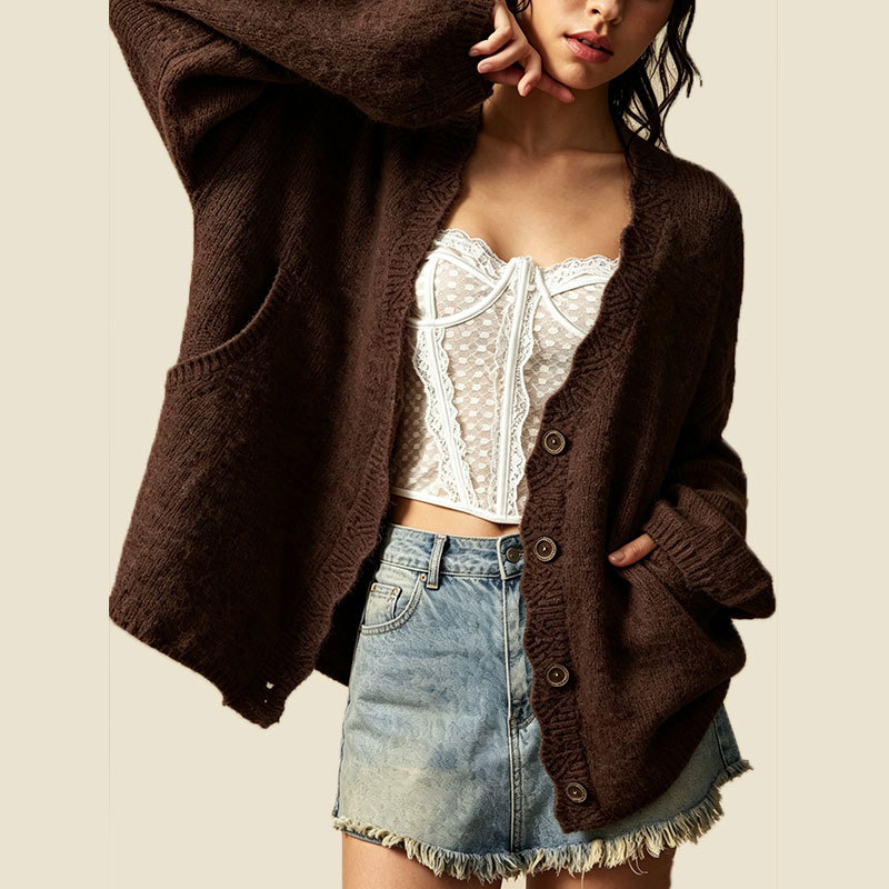 Women's Loose Knit Button-Front Cardigan with Pockets Long Sleeve Crew Neck