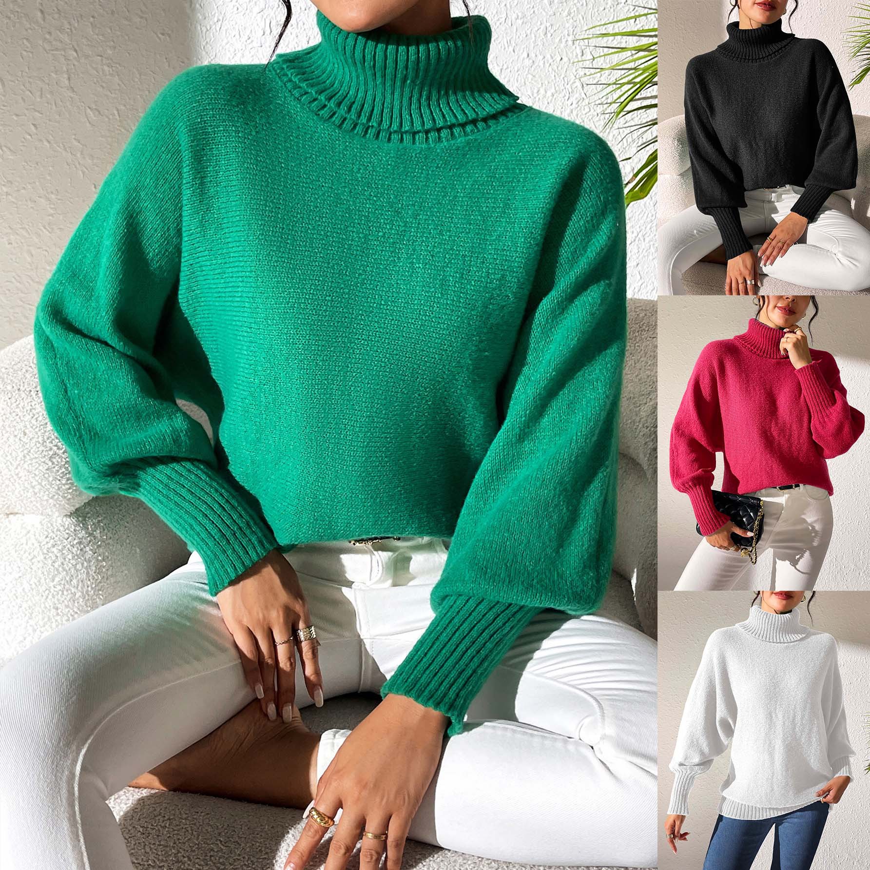Women's Turtleneck Batwing Sleeve Pullover Sweater Solid Color Minimalist