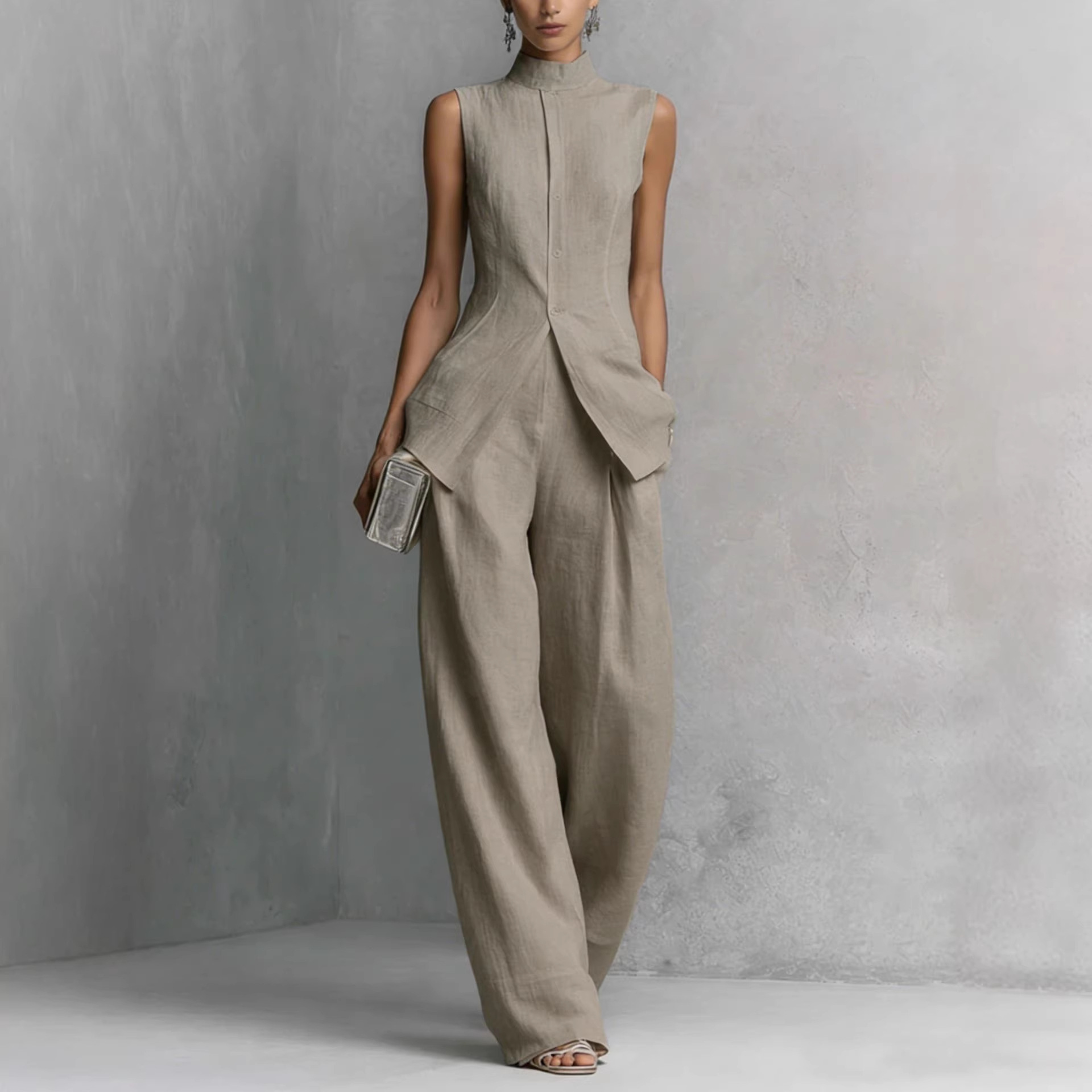 Draped Stand-Collar Sleeveless Top and Pants Set