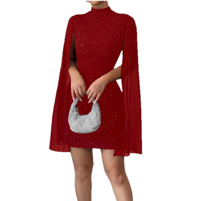 Women's Crew Neck Ribbed Pearl Chiffon Cape Bodycon Dress