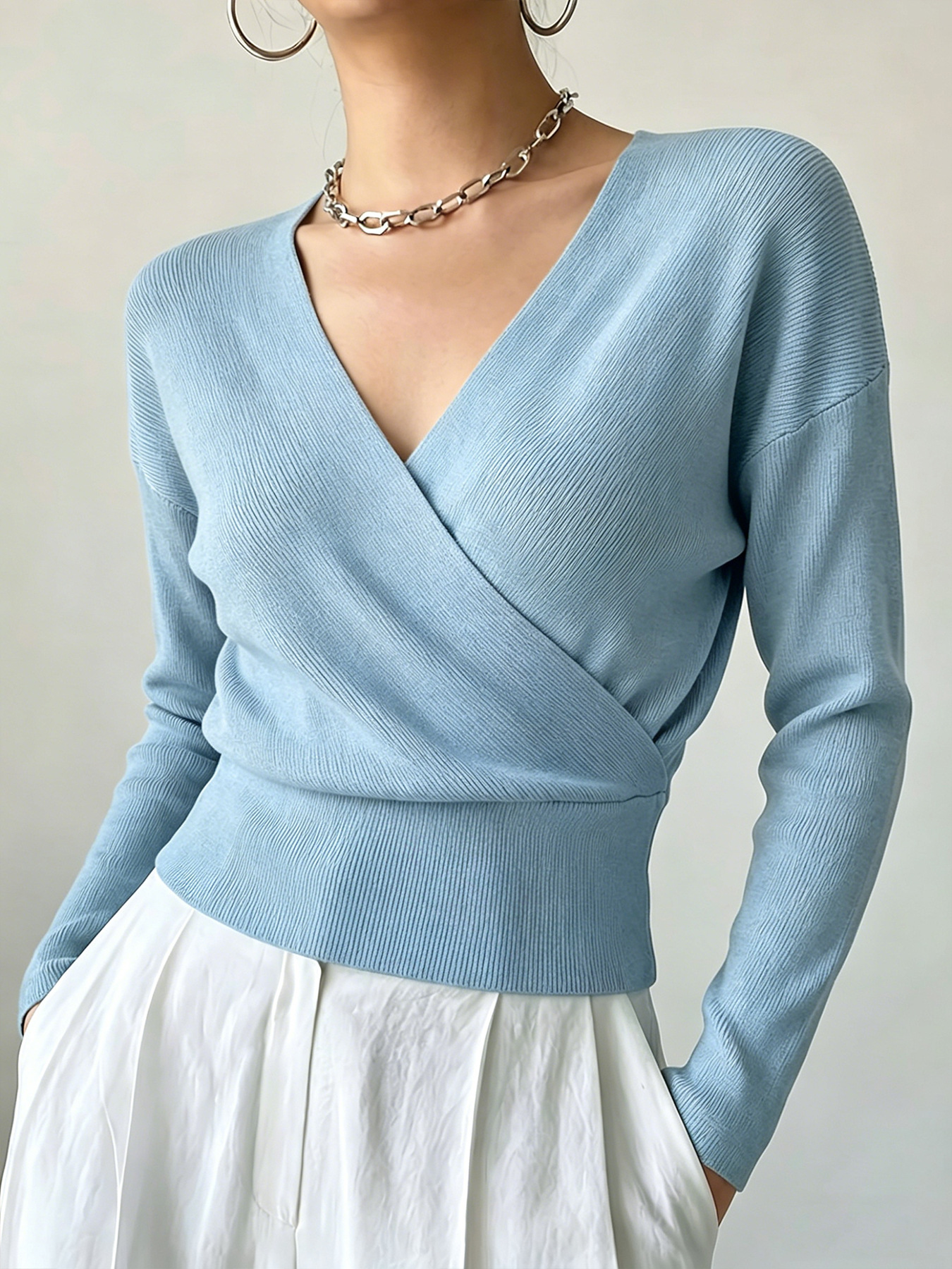 Women's Long Sleeve Cross V-Neck Knit Sweater Slimming Solid Color