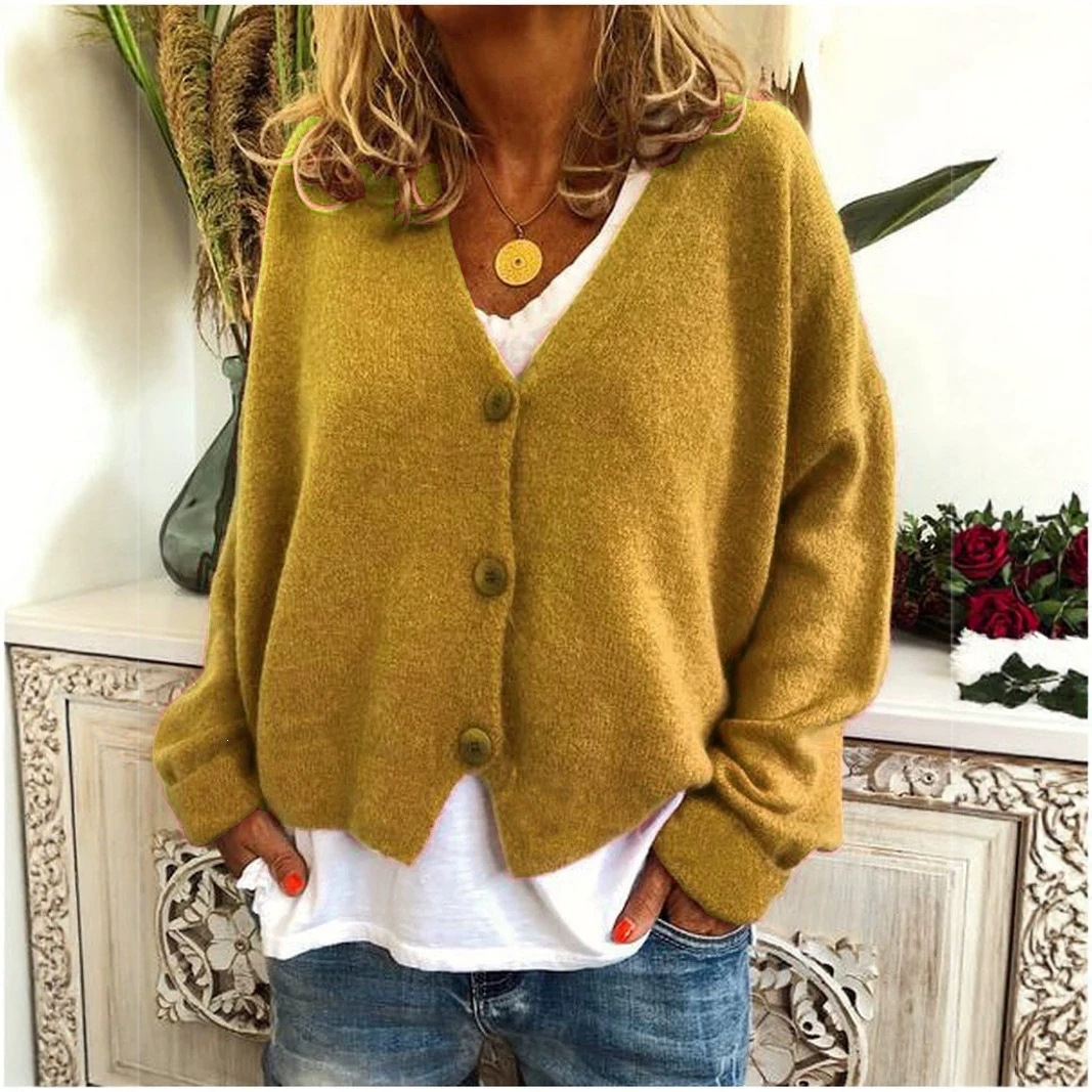 Solid V-Neck Knit Top with Front Button Detail, Loose Cropped Long Sleeve