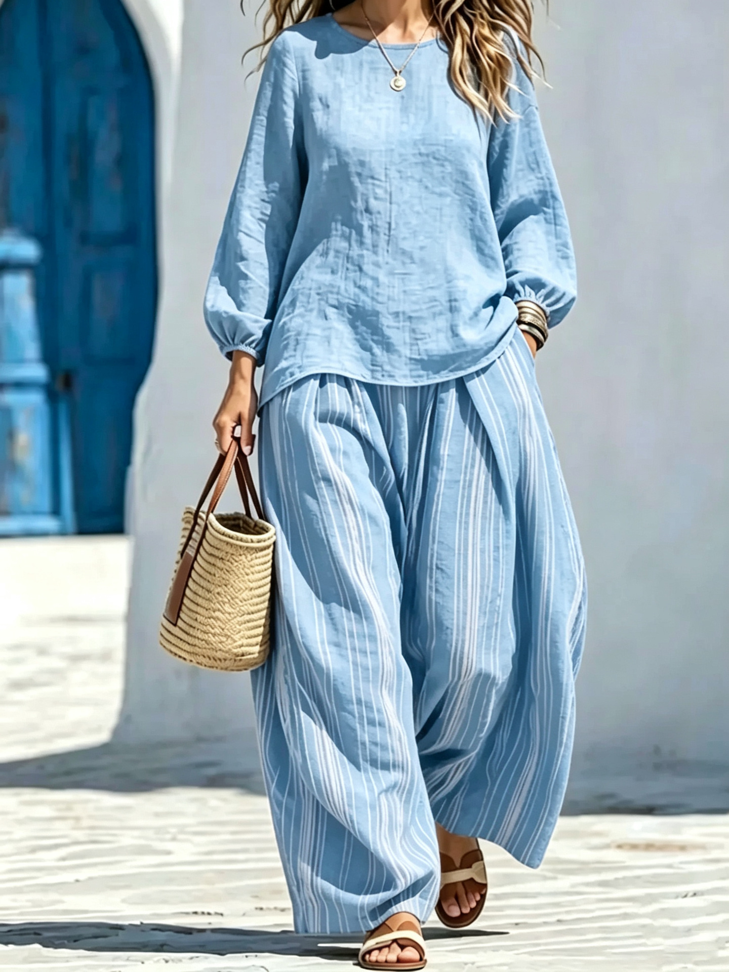 Women's Lantern Sleeve Top and Striped Wide-Leg Pants Set
