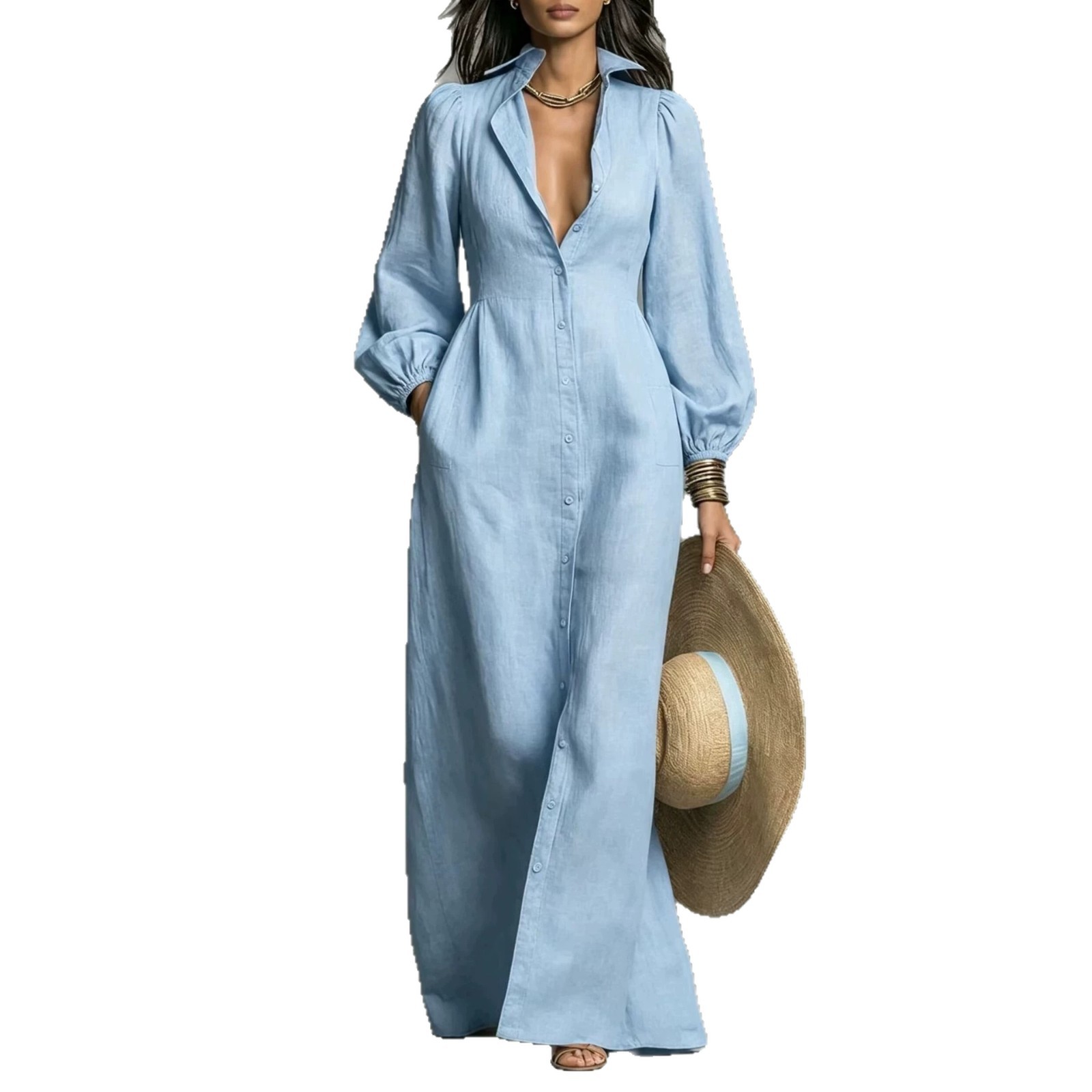 Women's Solid Button-Front Long Shirt Dress with Polo Collar