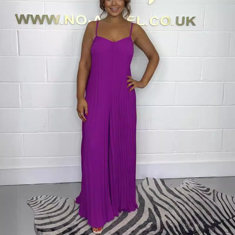 Women's Sleeveless Crinkled Solid Color Jumpsuit Casual Elegant