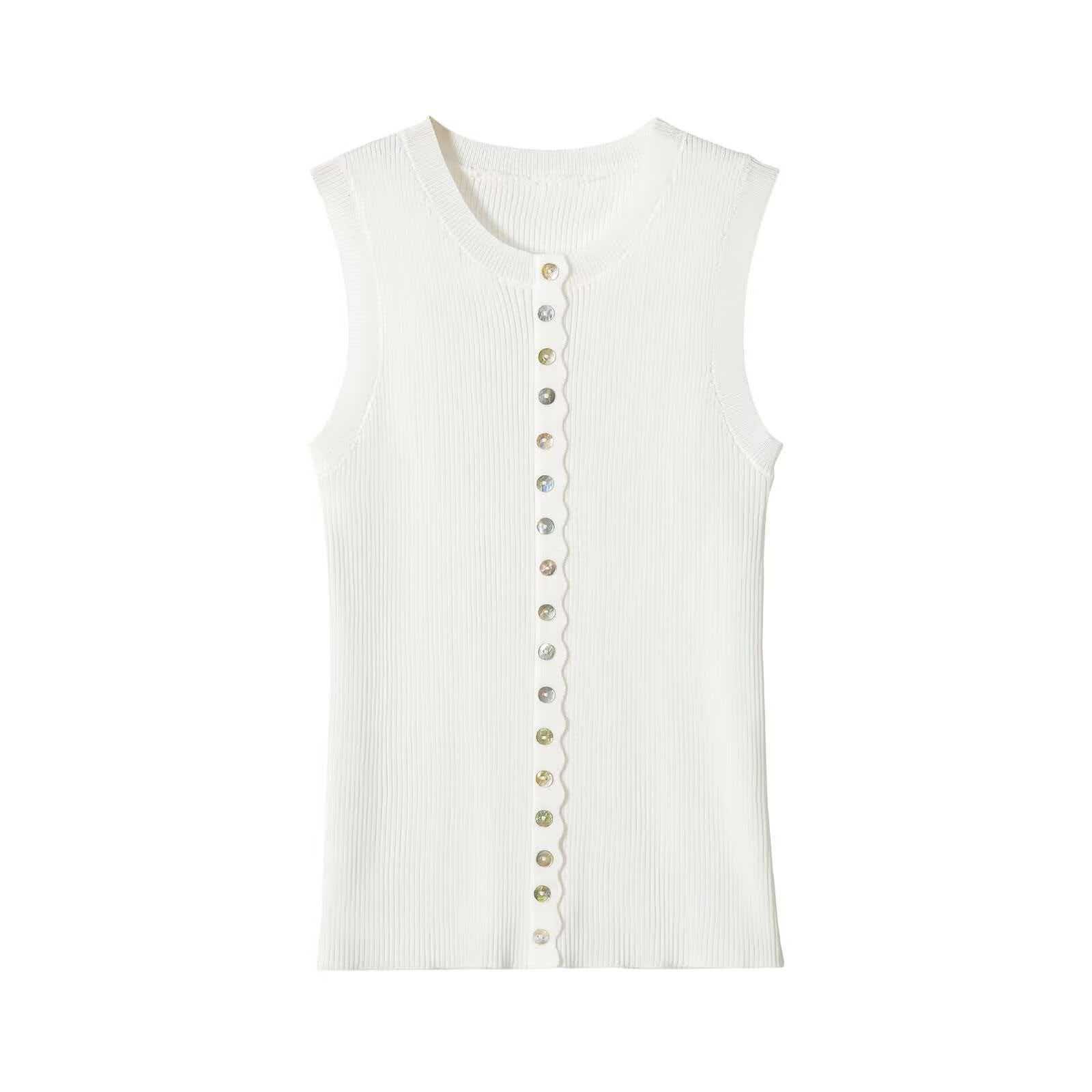 Women's Summer Sleeveless Knit Vest with Colorful Buttons and Scalloped Placket