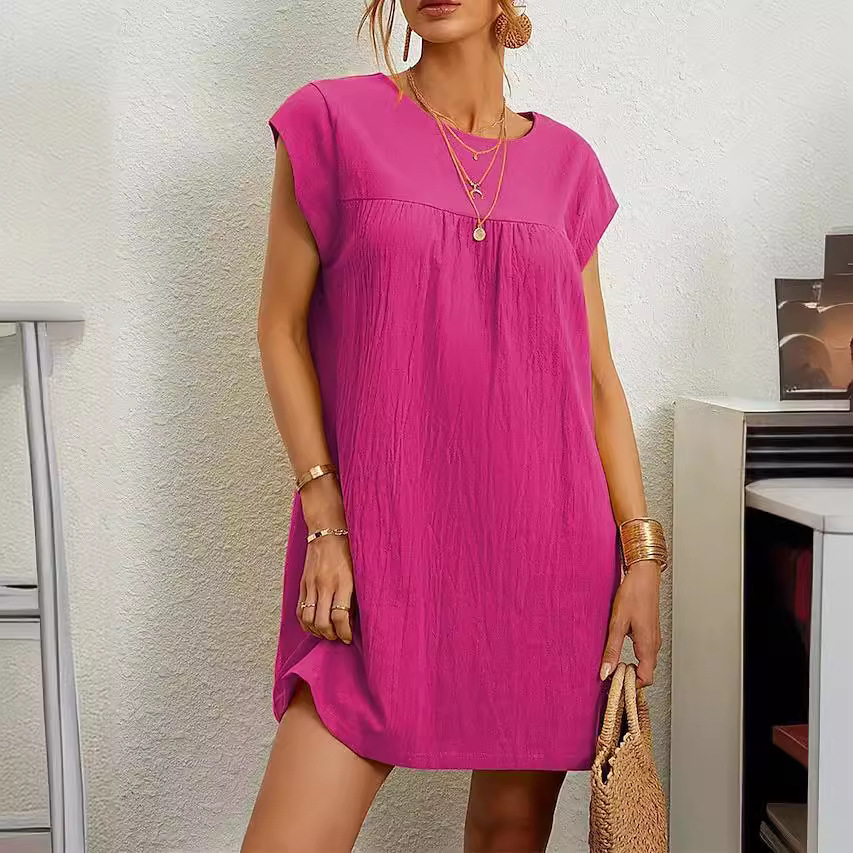 Sleeveless Round Neck Solid Cotton Linen Midi Dress