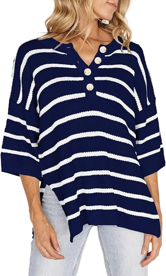 Striped Button-Front Loose Mid-Sleeve Knit Top