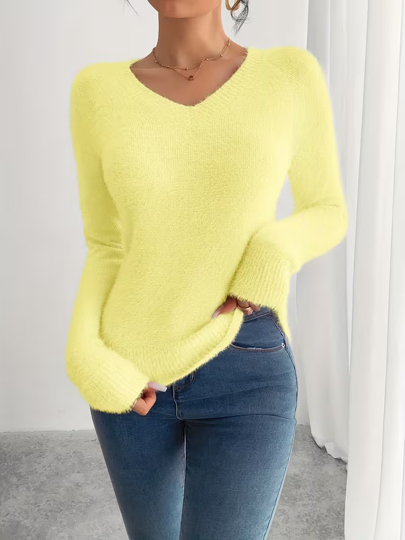 Women's V-Neck Solid Knit Sweater Soft Warm Pullover