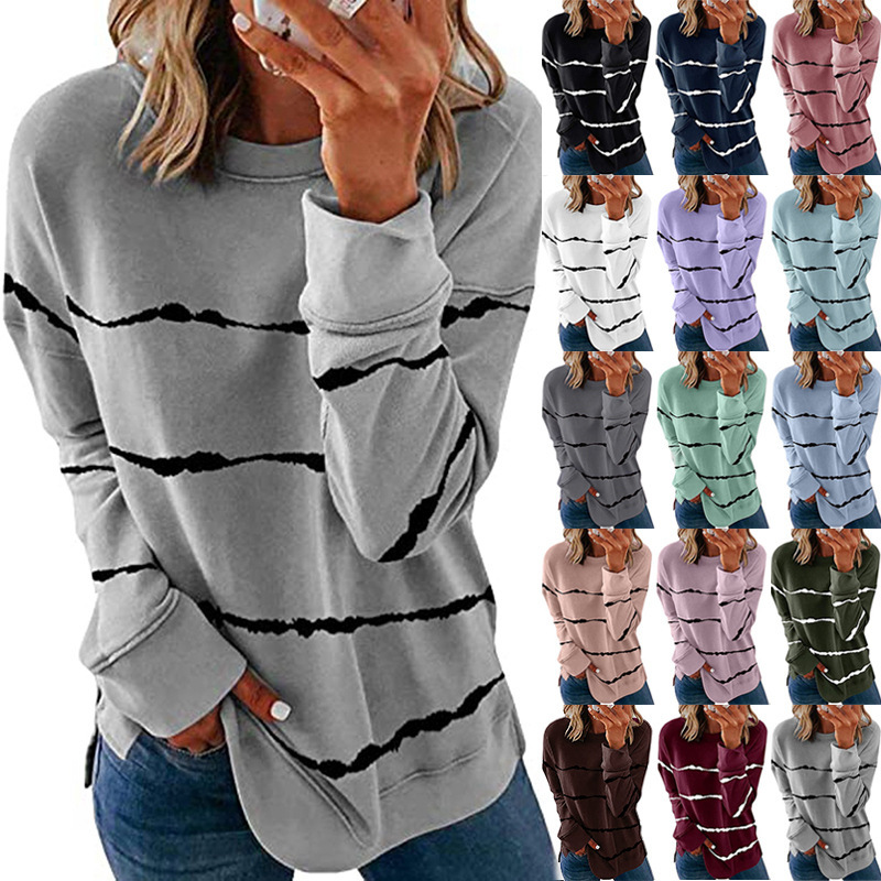 Women's Striped Print Long Sleeve Crewneck Loose T-Shirt