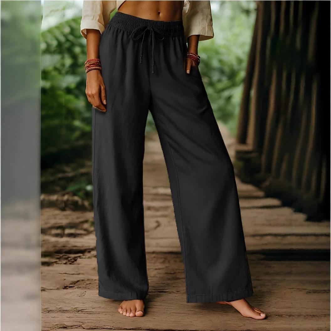 Women's Cotton-Linen Wide-Leg Pants High Waist Drawstring Casual