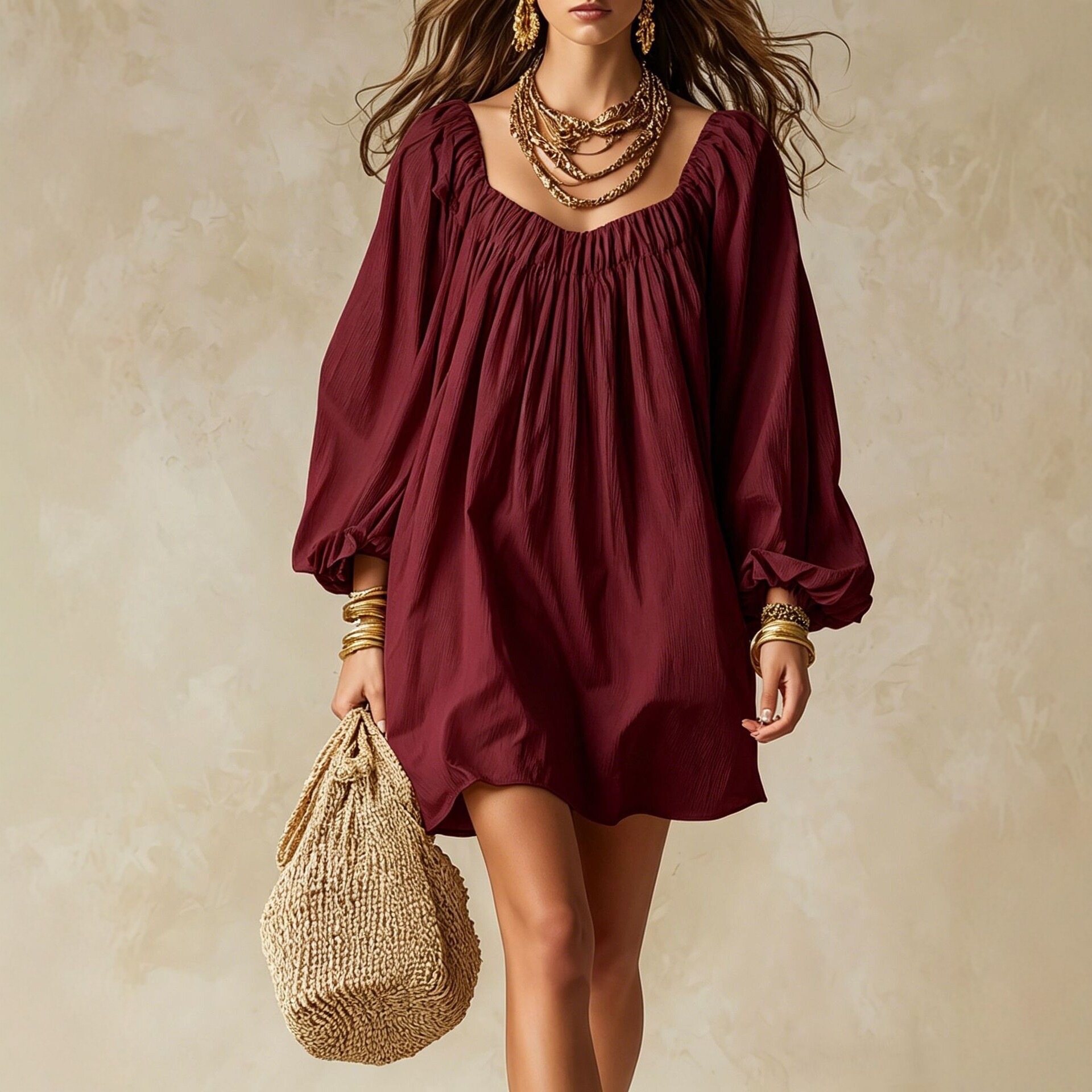 Boho Square Neck Lantern Sleeve A-Line Short Dress