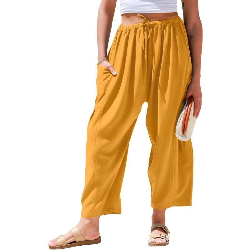 Women's Cotton-Linen Straight-Leg Cropped Pants with Elastic Waist and Pleats, Breathable Casual