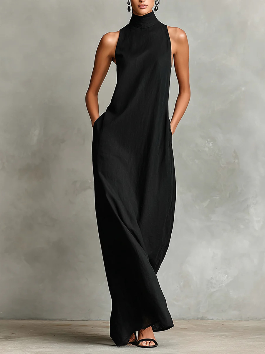 Linen High Neck Sleeveless A-Line Maxi Dress