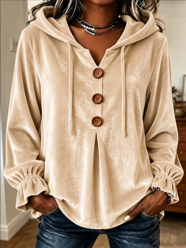 Annoo In-House 2026 Women's Button Hooded Casual Drawstring Hoodie Top for Amazon and Independent Sites