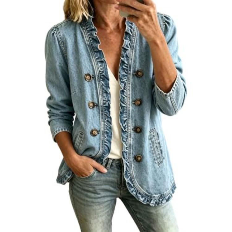 Washed Denim Jacket for Women Ruffle Button-Front Long-Sleeve Casual