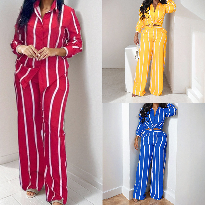 Striped Collared Shirt and Pants Set Casual Two-Piece