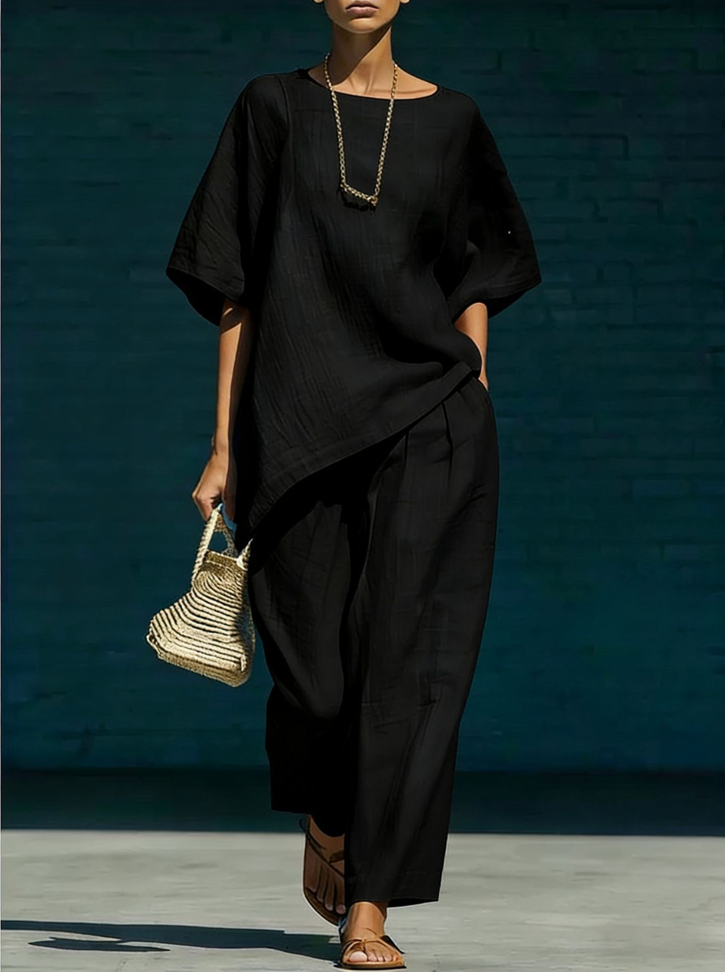 Women's Cotton-Linen Crew Neck Two-Piece Set Casual Urban Outfit