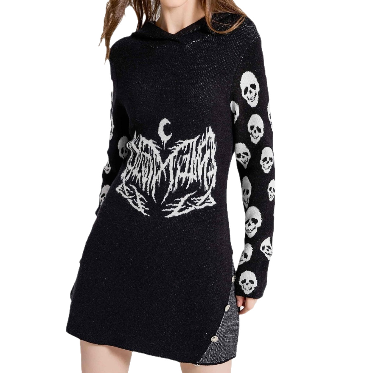 Gothic Hooded Knit Sweater Dress with Skull Pattern, Mid-Length