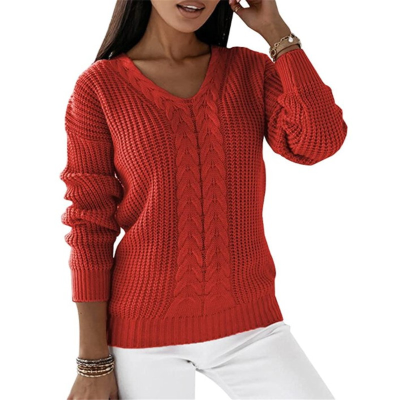 Women's V-Neck Cable Knit Pullover Sweater Long Sleeve Solid Color
