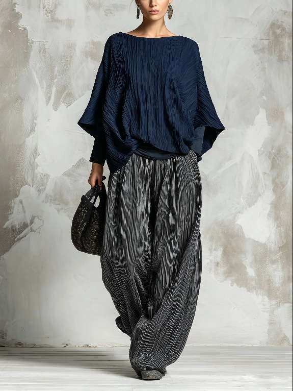 Women's Pleated Batwing Sleeve Top & Wide-Leg Pants Two-Piece Set