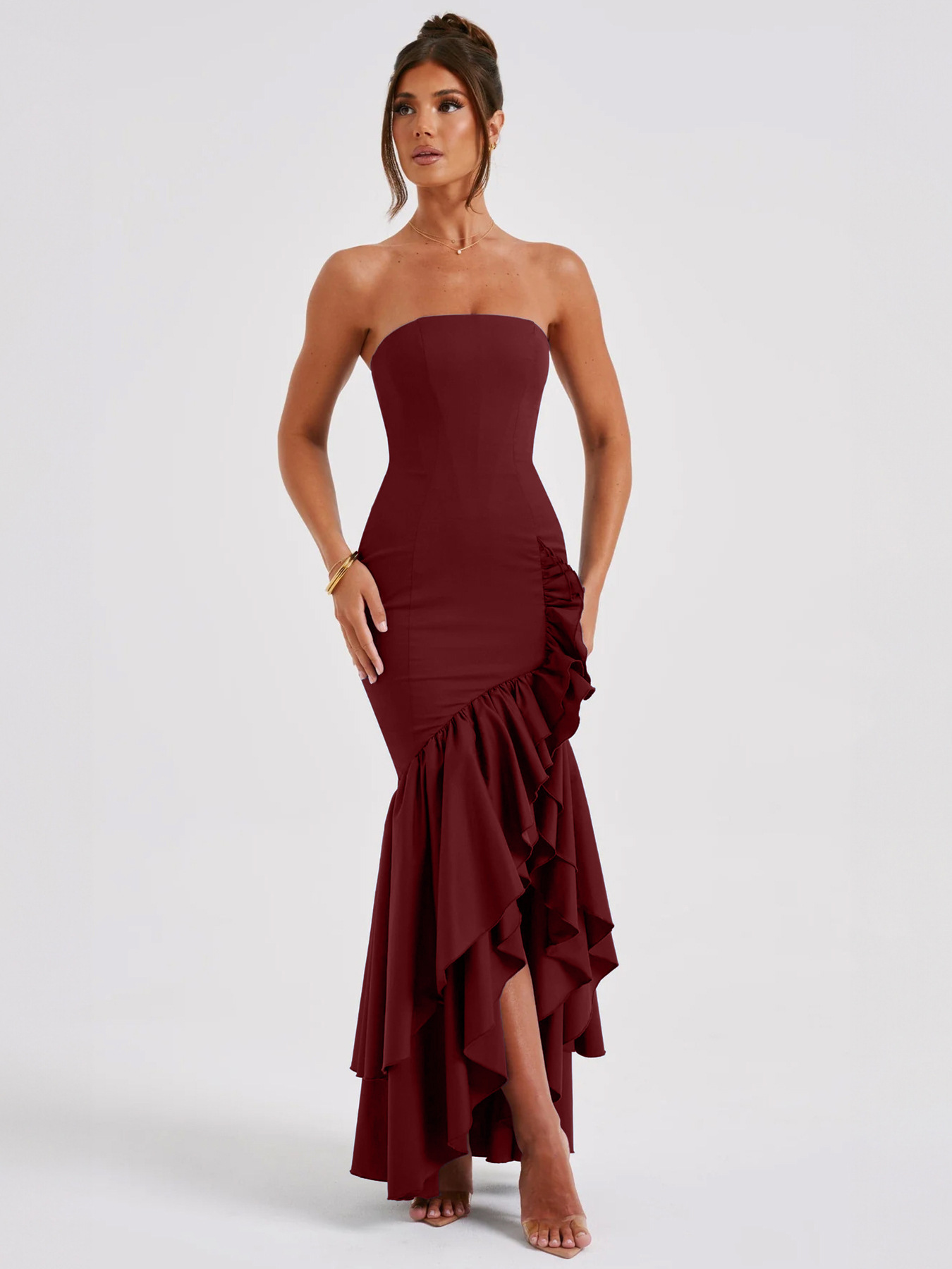 Elegant Strapless High Slit Bodycon Maxi Dress