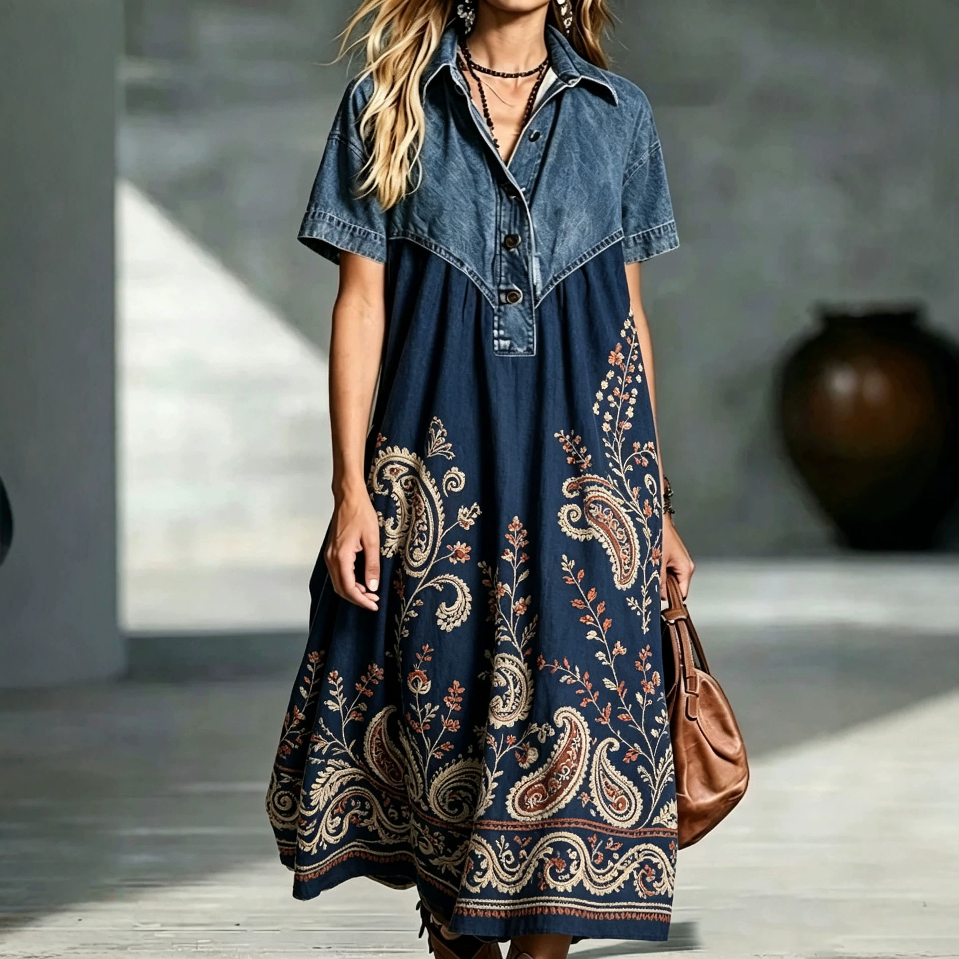 Retro Denim Patchwork Print Loose Casual Dress