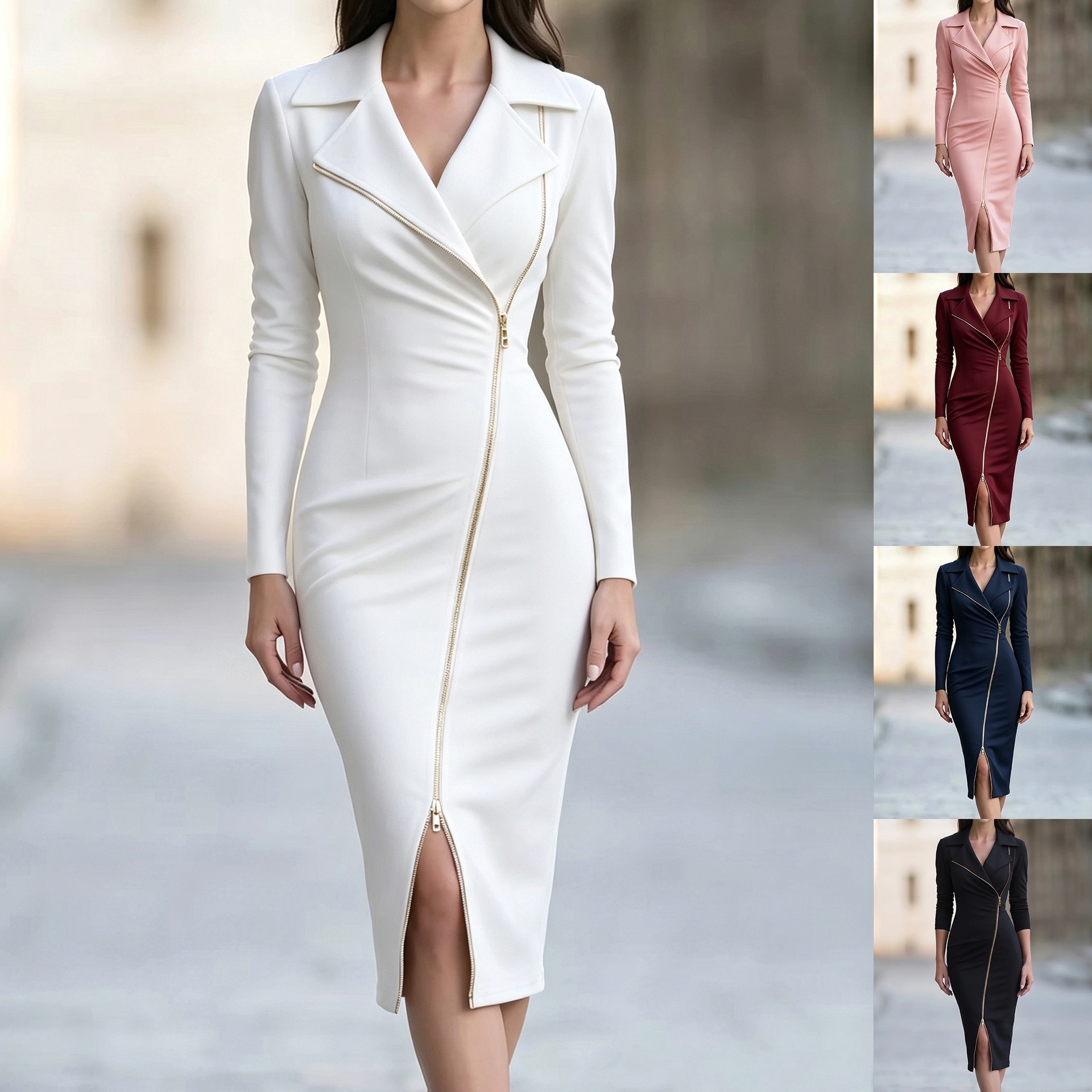 Women's Long Sleeve Zip Blazer Collar Bodycon Dress
