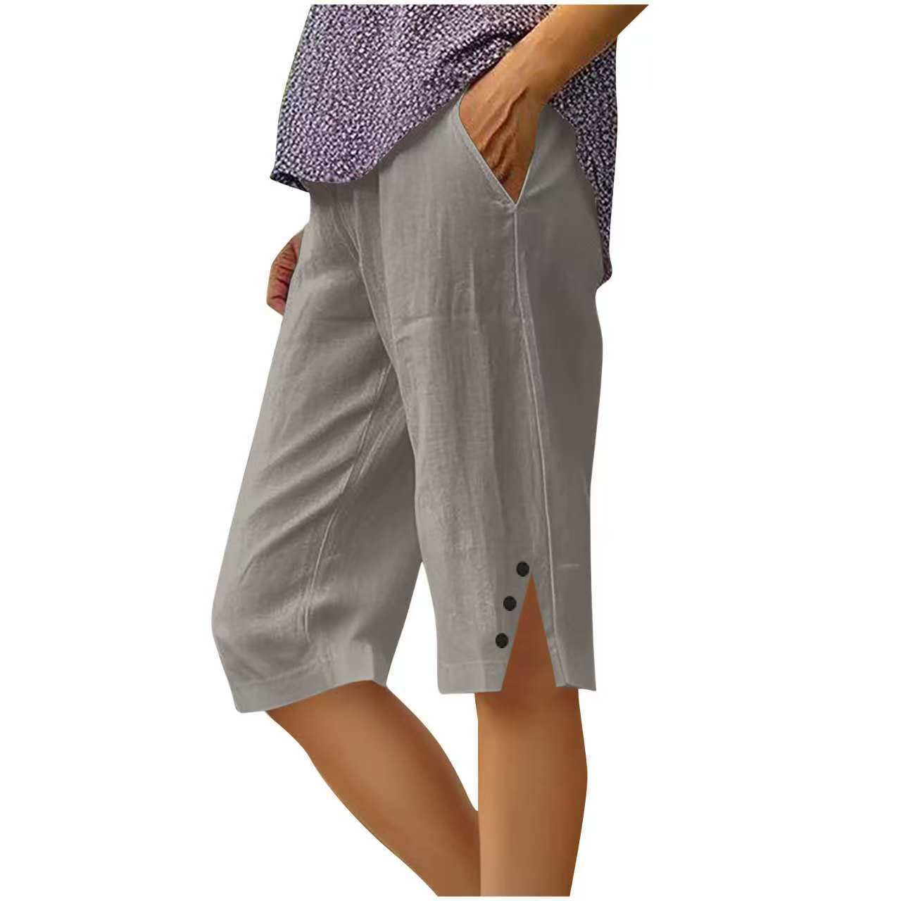 Women's Casual Loose Cotton-Linen Elastic Waist Pocket Shorts